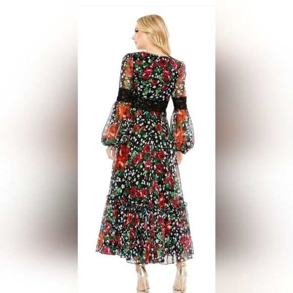 Mac Duggal V-NECK FLORAL LONG PUFF SLEEVE RUFFLE DRESS NWOT size 16 (11402) - Picture 2 of 6